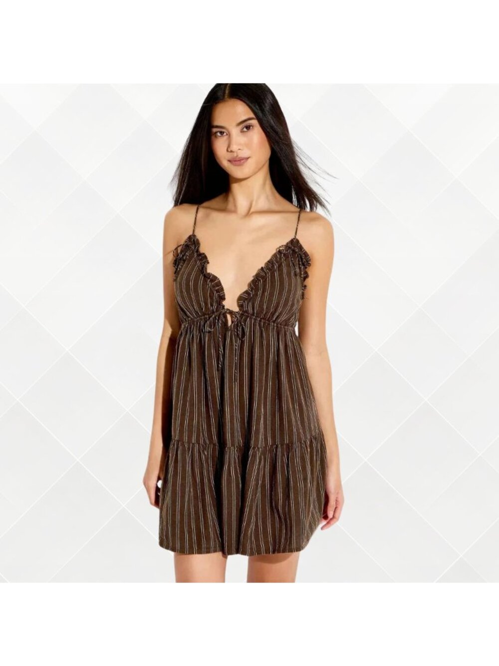 Wild Fable Ruffle Triangle Cup Mini Dress • Brown Stripe • S • NWT
